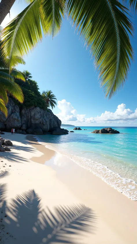 /imagine prompt:
Ultra-photorealistic, secluded paradisiacal beach with silky white sand,  
shallow crystal-clear turquoise water,  
soft waves caressing the shore under a bright sun,  
rochers coralliens sculptés par le vent et la mer,  
slender palm tree...