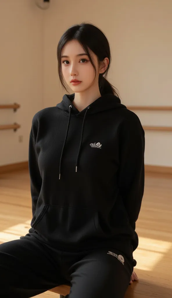 4K、 Soft lighting 、masterpiece、 filipina girl 、idol-like face、Ponytail、Hoodie with black logo、Black jersey trousers、dance studio、looking towards camera