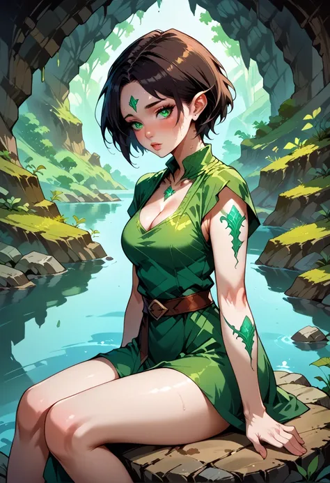 1girl, 1guy, couple, merrill sitting on rock, mediu. breasts, cleavage, parted lips, short hair, innocent face, green tunic, no pants, sex, cowgirl position, cavern, underground lake background , , volumetric lighting, best quality, masterpiece, realistic,