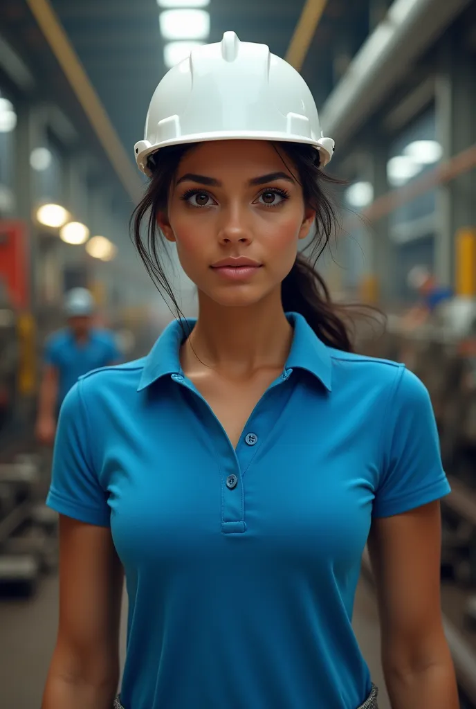 I need a woman with a blue polo shirt who is inside an industrial plant in the background and white helmet of Peruvian industrial trigueña