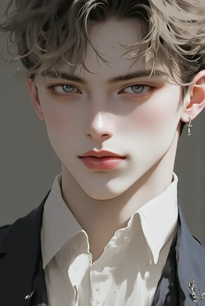 (masterpiece), (best quality),high品質， Detail Exquisite ，Warm Gentle Light。Golden Messy Short Hair，Deep Blue Eyes，Handsome Elegant，White Shirt Slightly Open， reveals the clavicle ，帶著一絲慵懶與confidence的微笑。Background Simple Gentle，Light and Shadow自然流暢，The overal...