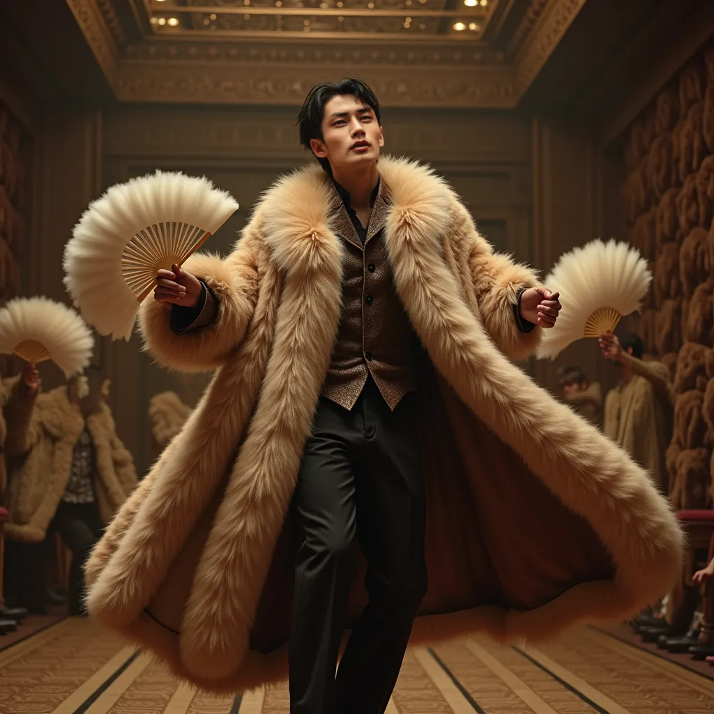 A Japanese handsome idol man wearing  a huge fur cloak with a huge fur collar dance with huge fur fans in a room where the walls are covered with fur shawls