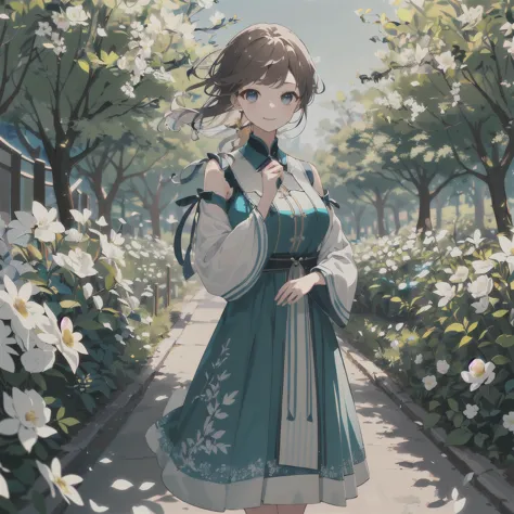 (걸작、top quality、illustration、 very high quality 、High quality images、Extremely sensitive writing)A long silver-haired girl standing in a beautiful flower garden、 slight smile while jogging 、She has a big bouquet of flowers、A cute folk costume style dress w...