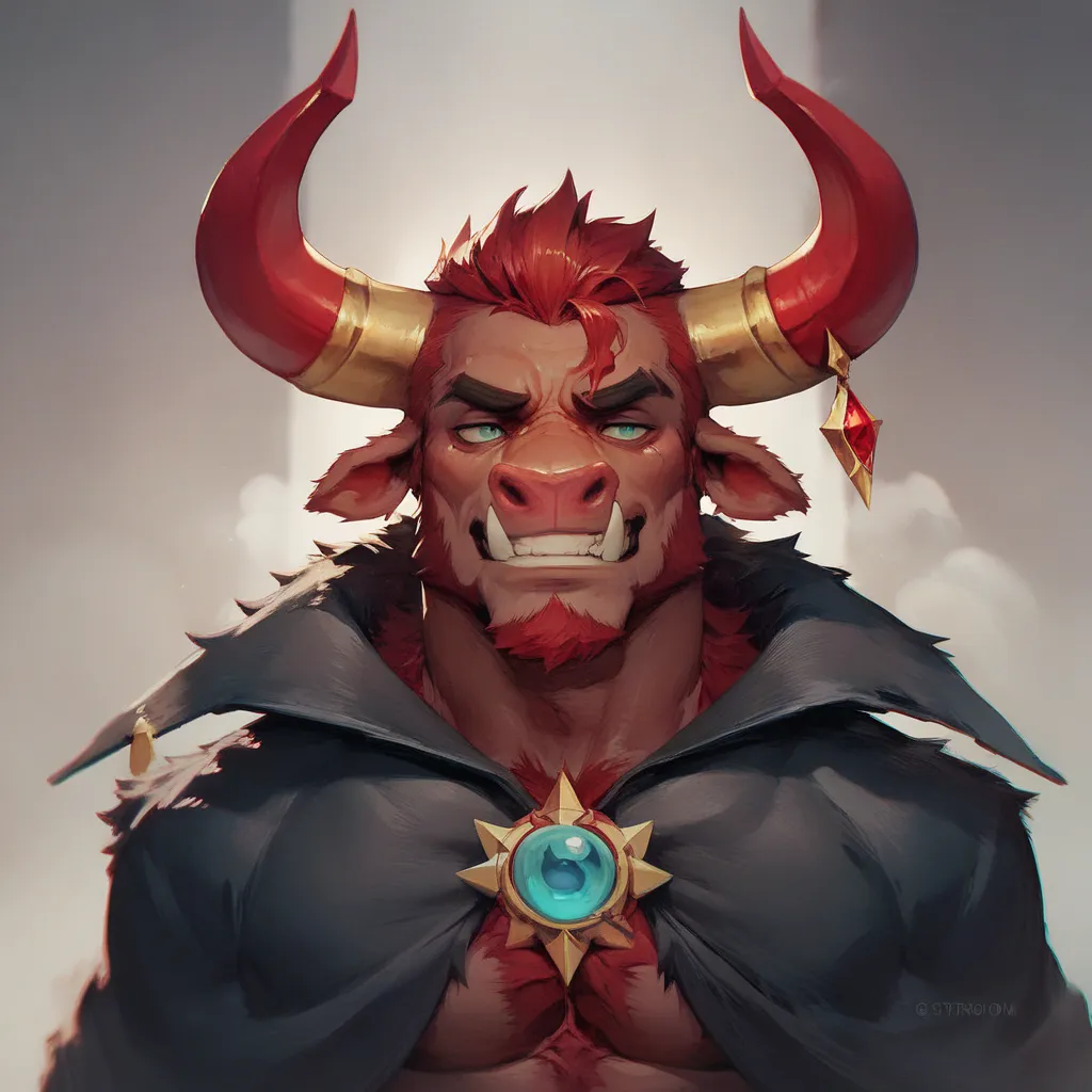 A male minotaur portrait, ((fur is deep crimson)) streaked with lines of gold and ember that shimmer like molten veins beneath his skin((A long, dark gray cloak that barely conceals his massive form))