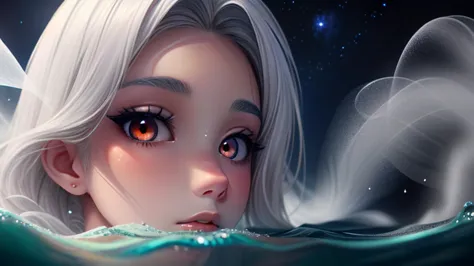 A close-up of a girl’s face partially submerged in water, with only her nose and glowing white eyes visible. She has short black hair, wet and blending into the dark cosmic background. The water reflects a surreal, dreamy night sky, seamlessly merging into...