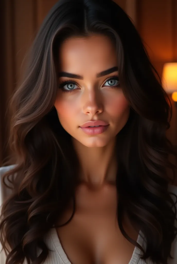 A highly detailed and realistic digital painting of a young woman with long, voluminous dark brown hair and striking blue eyes. Her skin is smooth, glowing, and slightly tanned, with a natural highlight that enhances her facial features. Her cheeks have a ...