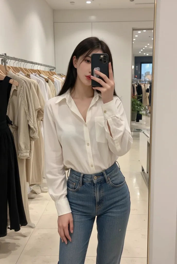  taking a picture with her iPhone 14 pro in the mirror of a clothing store, she is wearing straight jeans with a blouse tucked into her white long-sleeved pants, sending kisses, the background is not there 1girl, 