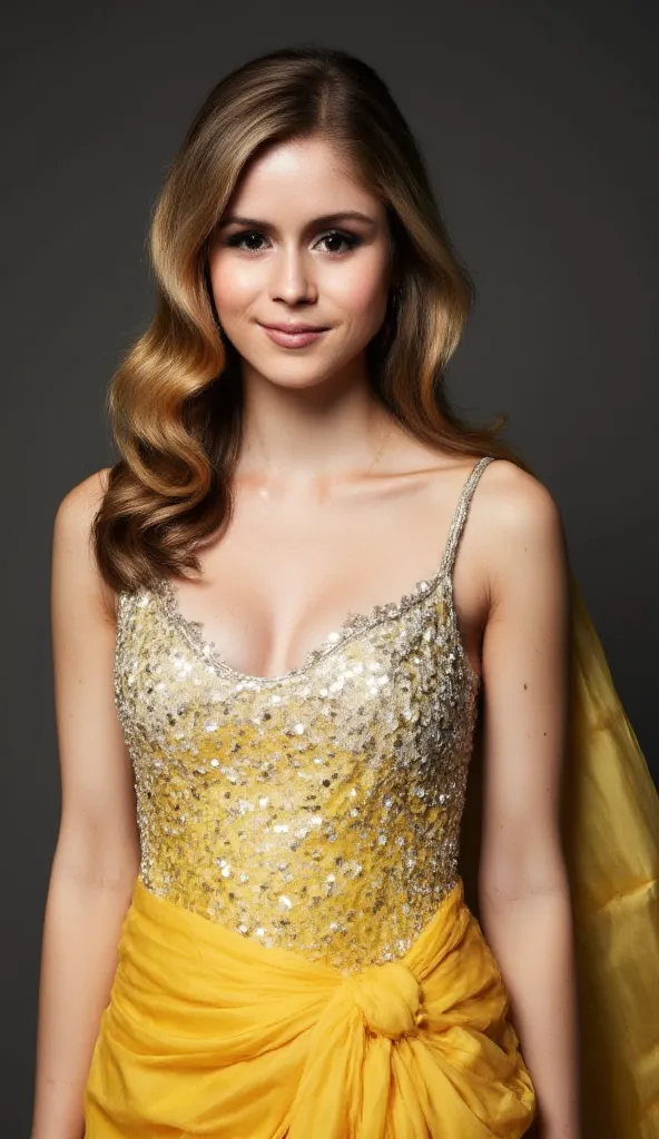 Generate a ultra realistic close up front image of a woman in a golden yellow sequins sleeveless saree. She is wearing a silver shimmering blouse with mirror sequins. It has no sleeves, has a silver satin finish with spaghetti straps. Face and body facing ...