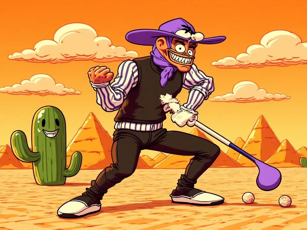 SUBJECT: Waluigi golfing from Mario video games
CORE DESCRIPTORS:
1Waluigi, 1man, video game character
STYLE & ERA:
3d_rendered, modern, cartoon_exaggerated_proportions
BODY STRUCTURE:
lanky_humanoid, 2_arms_2_legs, angular_jointed_limbs, smooth_cartoon_te...