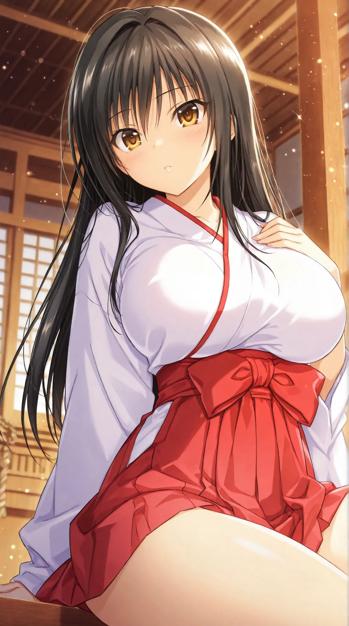 {kotegawa yui},{ to loveru darkness},Detailed particles, depth_of_field, high resolution, high quality, ,uniform, sexy,, high quality, high resolution olution, detailed image, beautiful girl, beautiful to the eye,Japanese room，，，big breast，shrine maiden，，S...