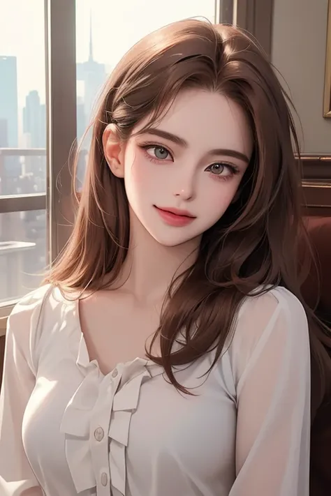 (1 person view),((upper body)), (best quality, ((masterpiece)), beautiful detailed Eyes, 8K resolution, cinematic lighting,detailed clothes,Semi-realistic), smile,cute1 woman,((25-year-old)),(long hairs)(pink brown hairs)(white blouse),university