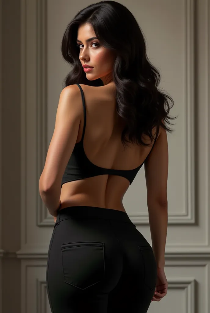 Pretty brunette with nice buttocks black elegant high-waisted pants circled back  