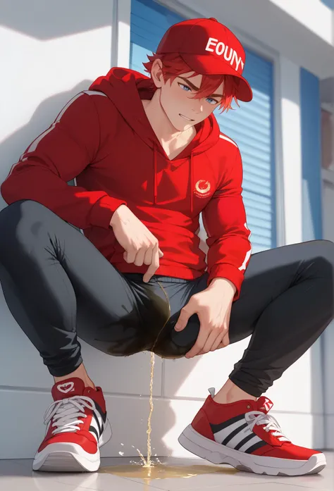 LiaqN.Red haired man.Handsome.Wearing a red hoodie cap Black Skinny Pants Hi Top Sneakers.He couldn't hold his pee. There is a large pee wet spot on his crotch. Pee stain on his pants. Pee wet spot on his crotch. He is ashamed of peeing himself