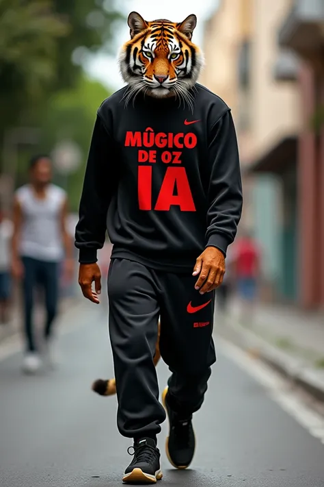 a hyper realistic close-up of a stylish majestic cat walking down the street, he has the color of a tiger, he is wearing a beautiful black shirt with a name written in bold "MÁGICO DE OZ (IA)" in red font, black Nike sweatpants and Nike sneakers, he is spo...