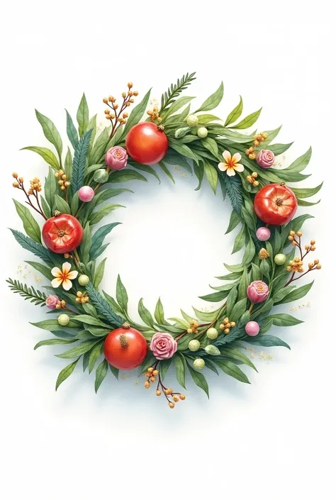  wreath, inn on a flat surface, in watercolor. With a totally white background.
