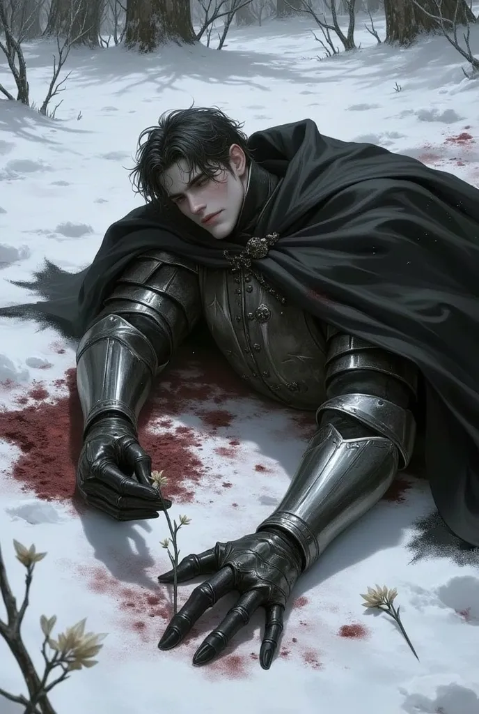 Medieval era a simple landscape on a day of winter,in the snow layed a bloodied knight clutching a forget me not flowers,his hand stained with his blood 