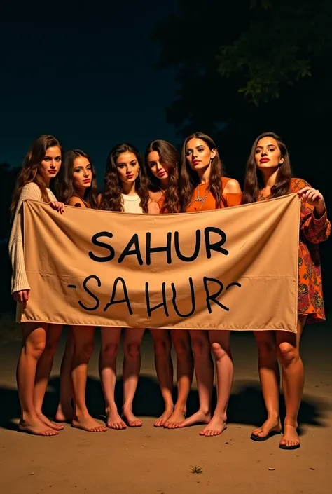 5 beautiful women, Each one carries a drum band., very big boobs, sweater dress and shorts, holding a long abstract banner cloth inscribed Large text 'SAHUR SAHUR SAHUR #wita' in front of the camera, were traveling around the village, the night