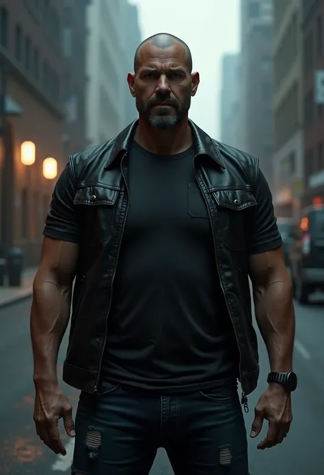 hyper-realistic rendering of the character Jack Reacher from the Amazon series. He is a tall, robust and imposing man, with striking features and a penetrating gaze. His hair is short, almost shaved, and he sports a stubble beard that emphasizes his tough ...