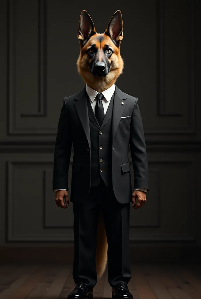 a close-up of a tall leaned male Anthropomorphic German shepherd dog wearing black suit with white shirt, black tie and black tied Oxford shoes 