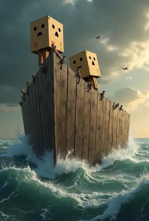 Paired cardboard boxes climbing Noah's Ark in the universal flood