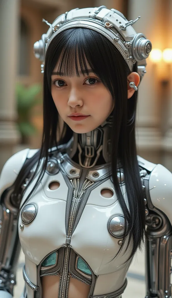 Android Girl, highest quality, masterpiece,  Ultra High Resolution , ((Photorealistic: 1.4), rAW フォト,  one cyberpunk girl , Glossy Skin,  1 mechanical girl in a European castle, ( super realistic detail )),  Mechanical Hands ,  tube connected to mechanical...