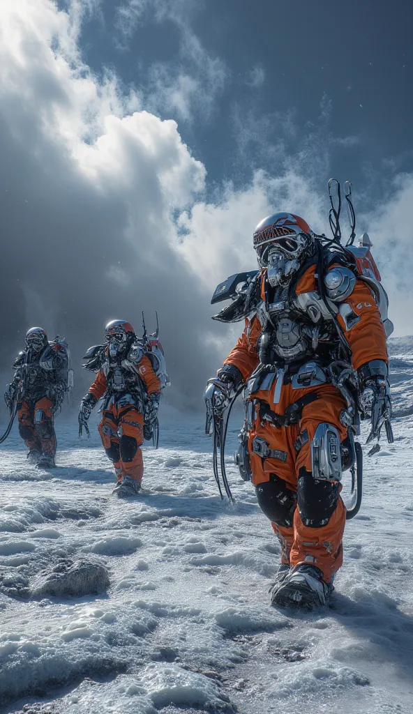 Cybernetic firefighters equipped with thermal gear responding to an explosion beneath Europa’s icy crust, steam billowing into the freezing sky.