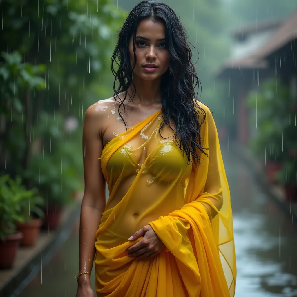 Make a photo of a women in high transparent yellow colour saree in rain. Realistic photo , wet and sexy with big breasts and hips.