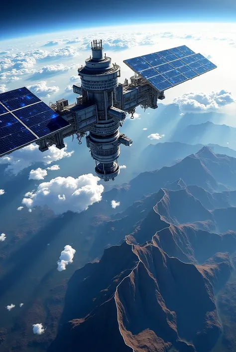 "An imposing futuristic space base soars above the Earth, floating above the atmosphere. The station has enormous bright solar panels, advanced metallic structures and lights flashing in shades of blue and white. below, The curvature of the planet is visib...