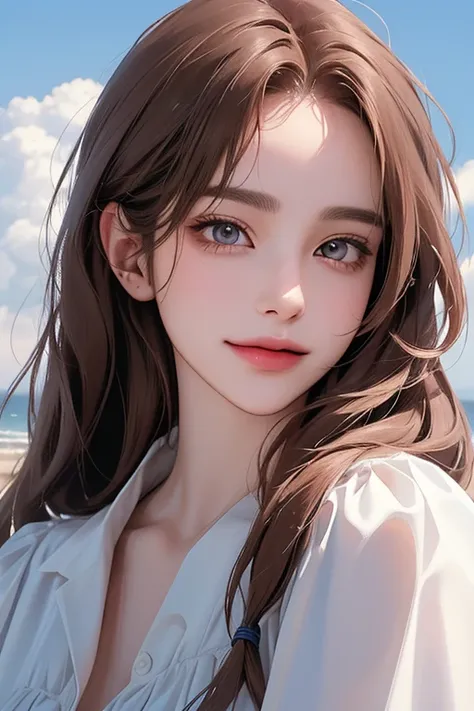 (front view),((upper body)), (best quality, ((masterpiece)), beautiful detailed Eyes, 8K resolution, cinematic lighting,detailed clothes,Semi-realistic), smile,1 woman,((25-year-old)),(long hairs)(pink brown hairs)(white blouse),blue sky,bright cloud