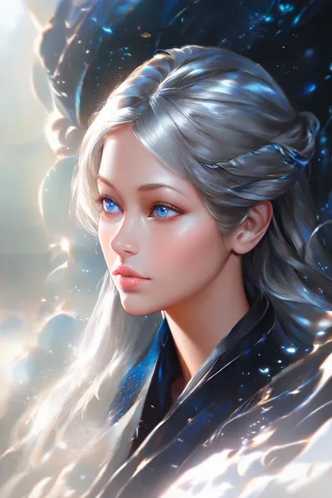 Draw an SD character illustration. silver hair, long hair, and, had bifurcated hair. And she had blue eyes..