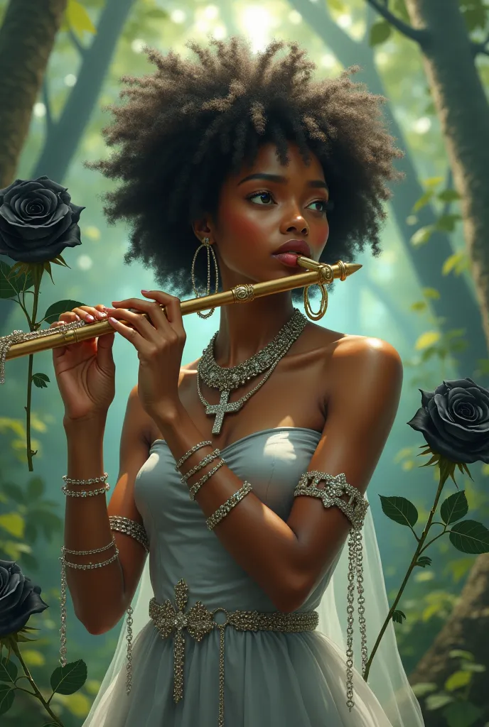 emnfoto nimestyle girl alice afro trança hair no meio floresta amazônica surrounded by duas rosas negras flutuando gently falling around her tocando uma Flauta com cabo de cruz com vestido silver e grandes correntes brilhantes com arcos ppr todo vestiwind ...