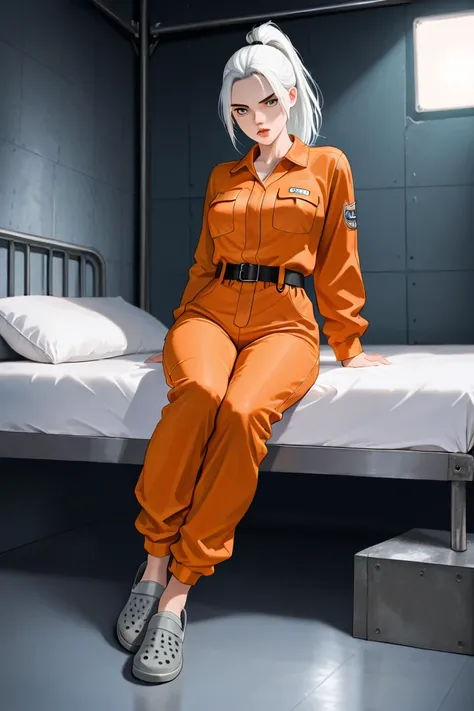 (((full body photo))), ((full body photo, feet on the floor)) flats for women, (masterpiece, 4k resolution, ultra-realistic, very detailed) beautiful sexy female prisoner, white hair with a ponytail, belly back with gold contours, facing the camera, wears ...