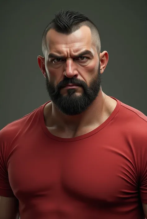 Russian man with buzz cut, dark hair, goatee, big nose, droopy eyes, brown eyes, broad shoulders, head to chest view, red t-shirt, bushy eyebrows