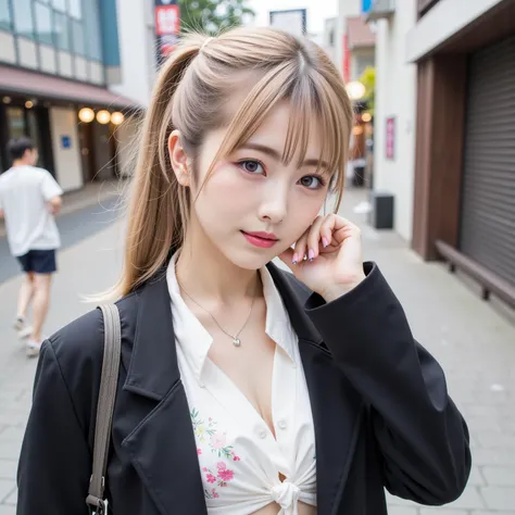 ((8K wallpaper)),((blond hair)),((side ponytail)),((big breasts,Big Breasts)),((dark eyeshadow pink with dark orange lipstick)),(( beautiful Japanese girl)),((Intelligent Glasses)),((street corner background )),((colorful manicure for nails)),((earrings, n...