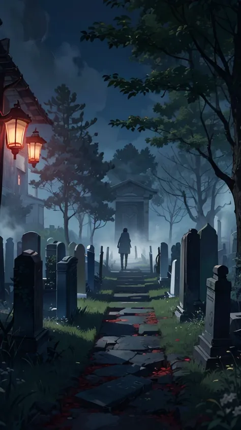 A narrow path leading through an abandoned cemetery at night, crumbling tombstones covered in ivy, a dense fog obscuring the way ahead, flickering lanterns casting eerie shadows, distant whispering voices, rustling sounds from the overgrown bushes, a chill...