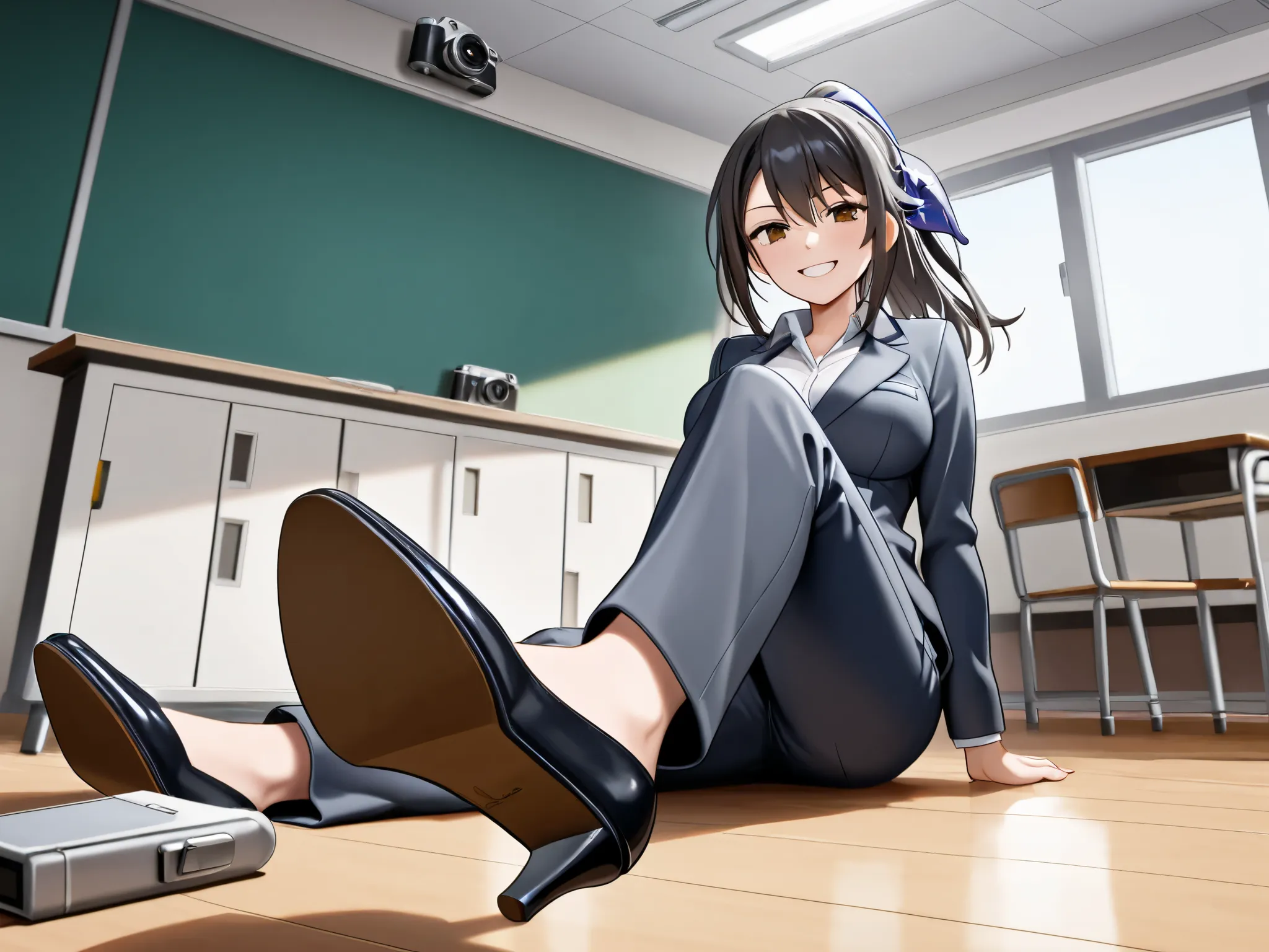 chabashira sae (classroom of the elite), black high heels, looking at viewer, camera on floor, stepping on camera, smiling, business suit, in a room with only the gray ceiling visible, shoe sole taking up half of the screen