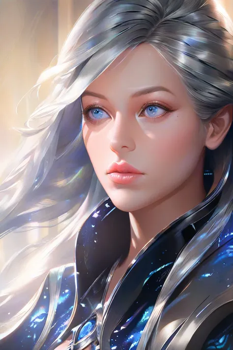 Draw an SD character illustration. silver hair, long hair, and, had bifurcated hair. And she had blue eyes..