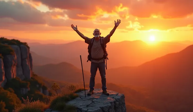 A joyful older man standing on a cliff, arms outstretched, with a backpack and hiking stick, overlooking a breathtaking sunset landscape.