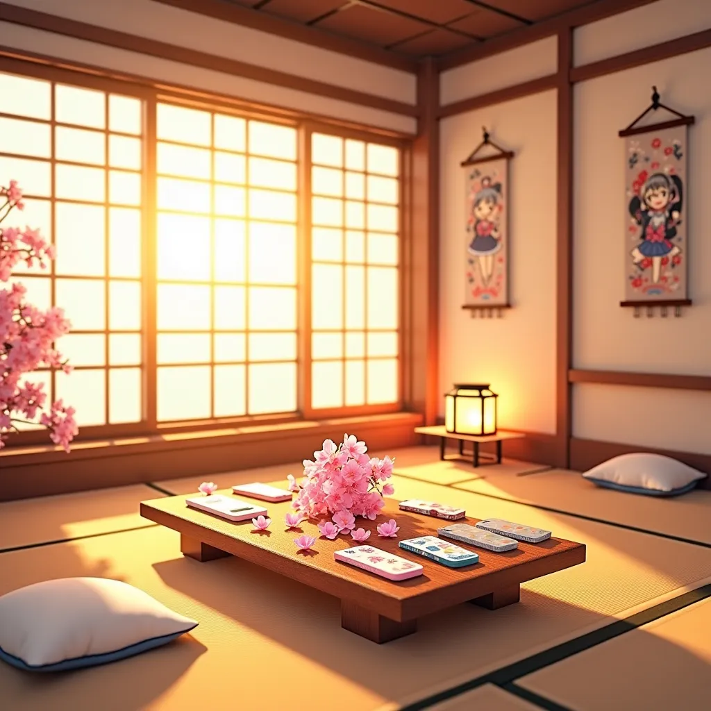 A serene and elegant traditional Japanese tatami room with shoji paper windows, allowing golden sunlight to stream in. The wooden floor and soft futon seating create a warm and peaceful atmosphere. A beautifully arranged phone case display sits on a low wo...