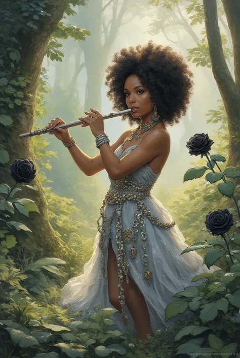 emnfoto nimestyle girl alice afro trança hair no meio floresta amazônica surrounded by duas rosas negras flutuando gently falling around her tocando uma Flauta com cabo de cruz com vestido silver e grandes correntes brilhantes com arcos ppr todo vestiwind ...