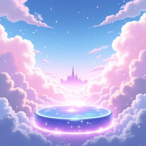 A dreamy, ethereal anime sky background with floating clouds in shades of pink, purple, and blue. A magical platform of polished glass or glowing wood hovers in mid-air, acting as a display for anime phone cases. Soft, sparkling particles float gently in t...