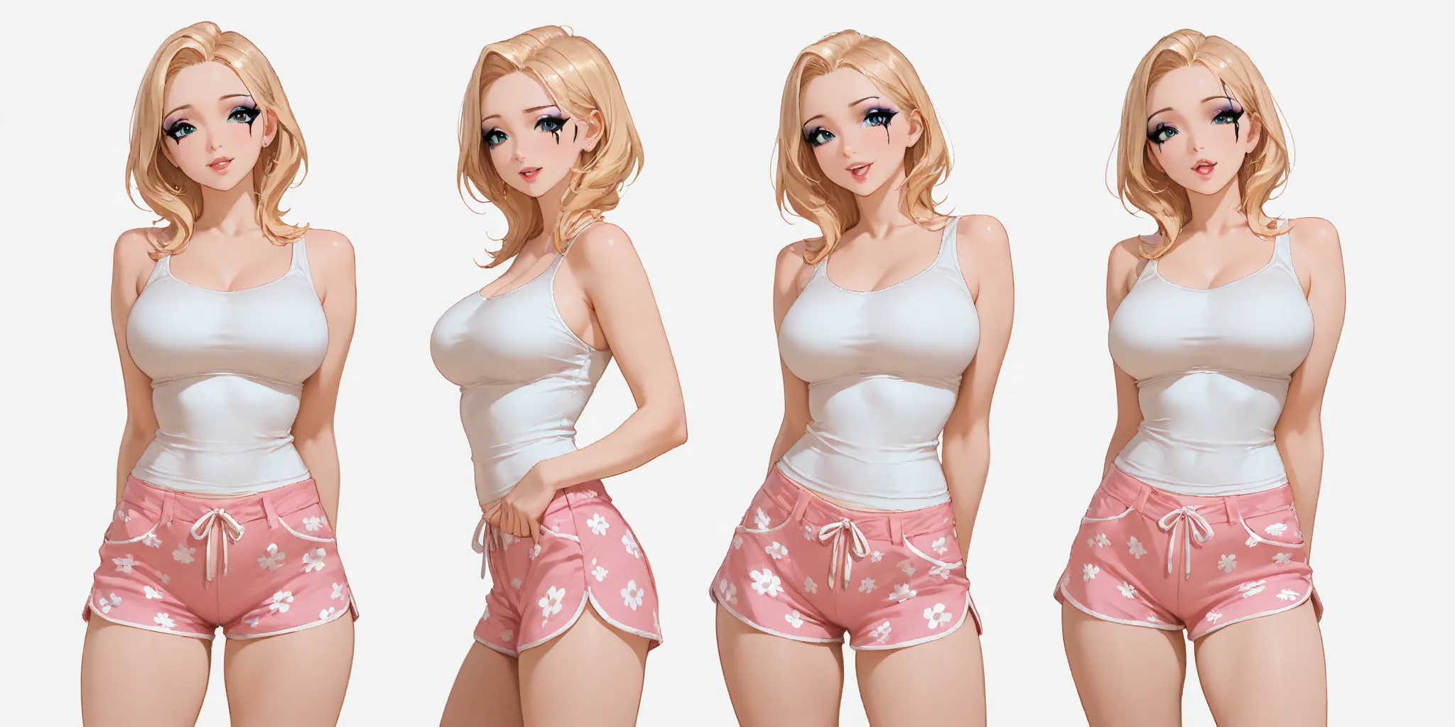 character study, King of the Hill's Louann (cute, blonde, heavy makeup, busty, tank top, daisy duke shorts, sneakers, casual pose), show her from front, rearm and side, head to toe, blank background