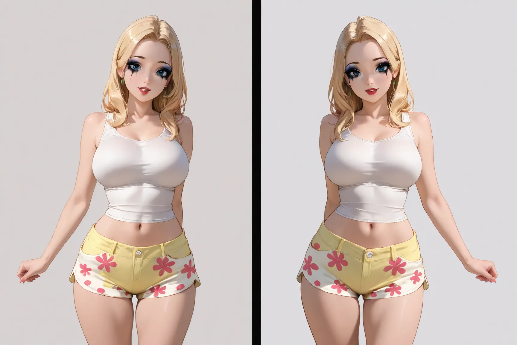 character study, King of the Hill's Louann (cute, blonde, heavy makeup, busty, tank top, daisy duke shorts, sneakers, casual pose), show her from front, rearm and side, head to toe, blank background