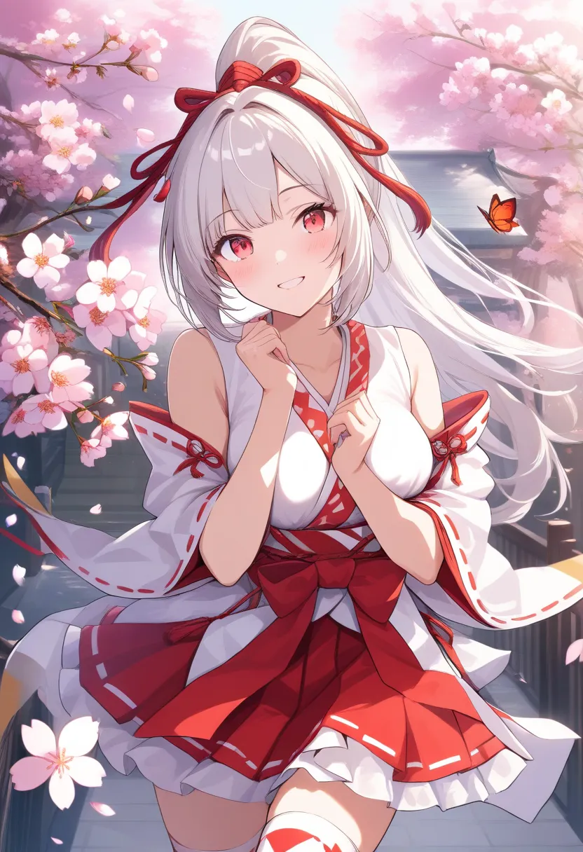 1 girl crouching、 shrine maiden clothes、frill socks、low angle、is embarrassing、cross race legwear、masterpiece、highest quality、 Silver Hair、Scarlet Eyes、moderately developed breasts、 Beautiful Flower Garden Scenery、Pretty Girl、ponytail、smile、 (masterpiece), ...