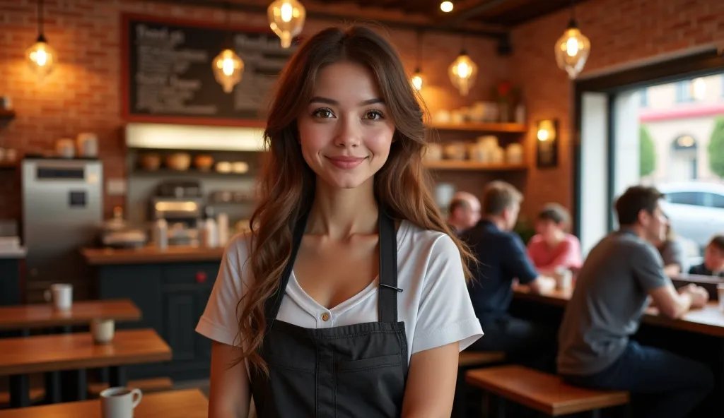  A 24-year-old woman ,  with long and slightly wavy brown hair . Your eyes are light brown,  full of life .  She has a delicate face ,  fair skin and a serene expression . She wears a simple waitress uniform, wearing an apron over a white blouse. In the ba...