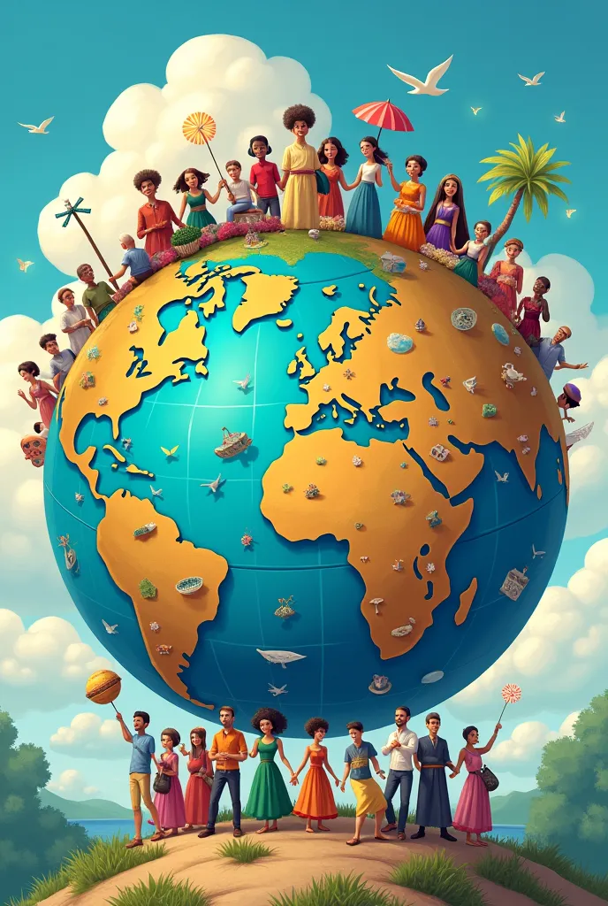 Create a comic strip of a terrestrial globe with people from different cultures and surrounding countries