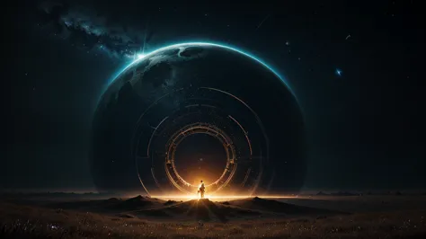 A wide banner (16:9 ratio) featuring a glowing golden portal with swirling energy, set against a dark cosmic background of dark blue and black with faint stars. Three silhouetted characters stand in the foreground, glowing faintly with gold, orange, and ye...