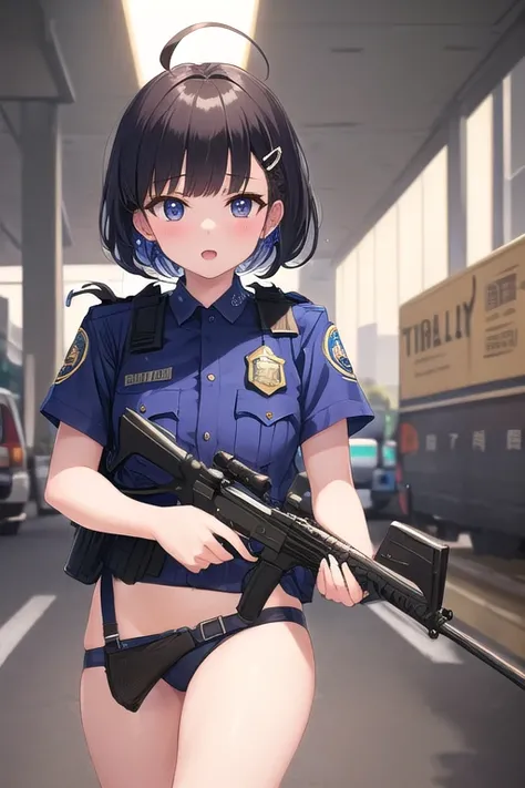 ((top quality)), ((masterpiece)), (Details),  1 girl。blunt bangs。Short Hair。braided ponytail。ahoge。Cute hair clip。 looks young。(small breasts)。(moving composition)。Police Officer。Hold a gun。Police car。