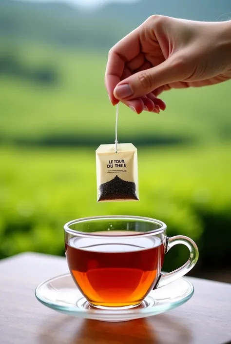 Beautiful transparent glass tea cup with light brown tea inside on a polished wooden table,  About the , hanging about 3 cm away, a tea bag with its label that says LE TOUR DU THÉ, held by a woman's hand, delicate. All this in a foreground in vibrant and c...