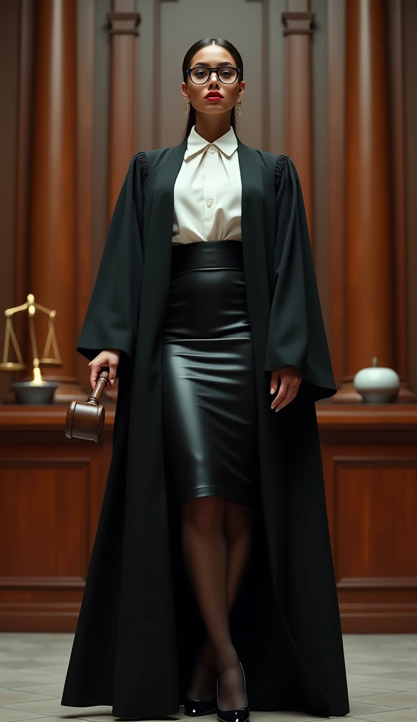 hot female judge, wide shot, (full-body shot), (head to toe visible), (standing with space around), (tall vertical framing), low angle, (((cinematic perspective))), grand courtroom setting, flowing black judge’s robe slightly open, tight white blouse unbut...